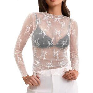 Women White  Sheer Mesh Crop Top Long Sleeve Mock Neck Y2K Shirt Blouses